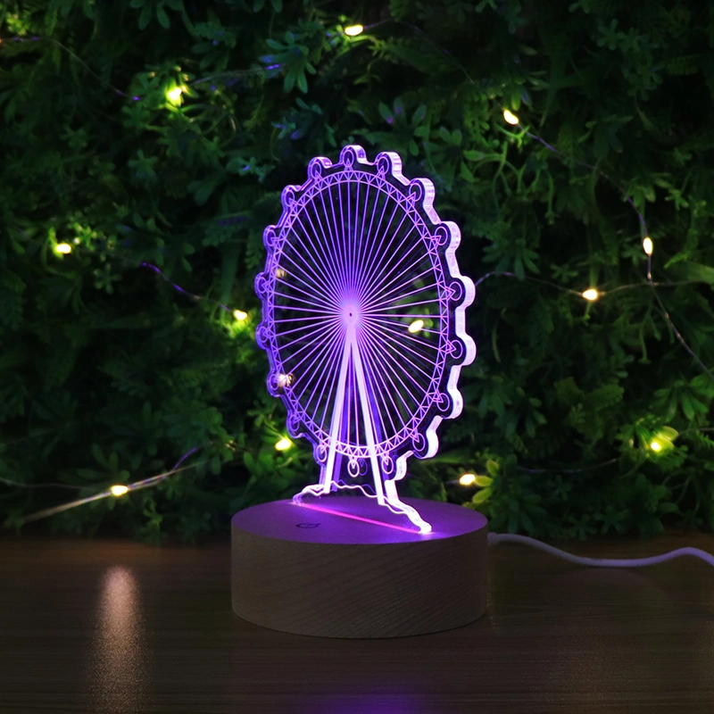 Custom 3D Illusion Table Desk Lamp RGB 7 Color Acrylic Night Light LED Wood Base Decorative Lighting with Battery Box