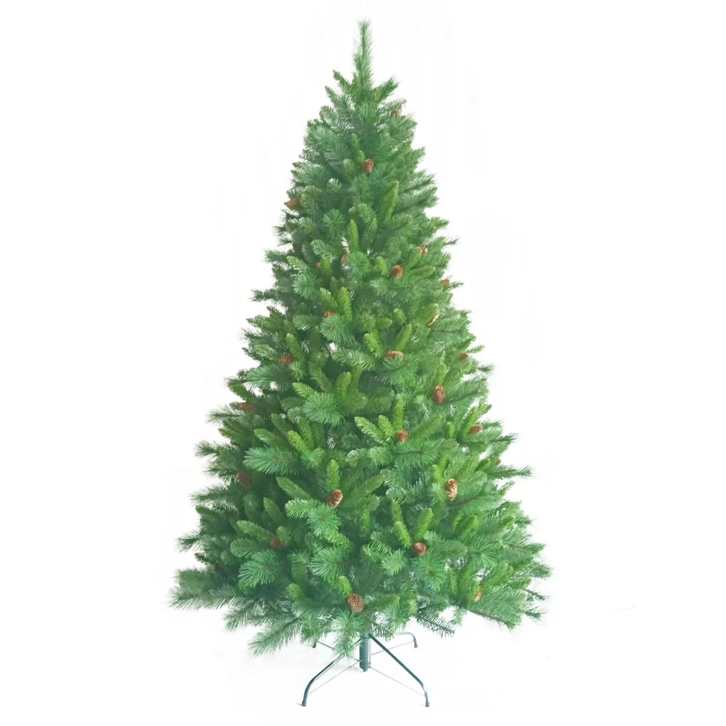 New Arrival Green Classic 7.5 FT Pre-Lit LED Christmas Tree Decorated with Pinecones and Clear Lights Artificial Xmas Tree Mixed PVC &Pine Needle