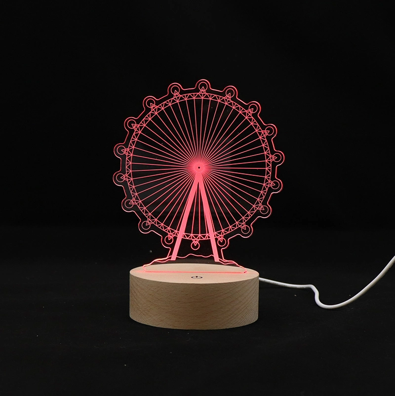 Custom 3D Illusion Table Desk Lamp RGB 7 Color Acrylic Night Light LED Wood Base Decorative Lighting with Battery Box