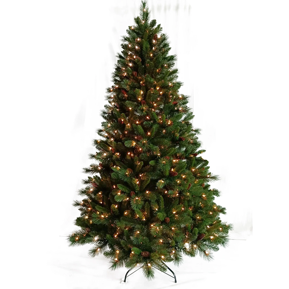 New Arrival Green Classic 7.5 FT Pre-Lit LED Christmas Tree Decorated with Pinecones and Clear Lights Artificial Xmas Tree Mixed PVC &Pine Needle